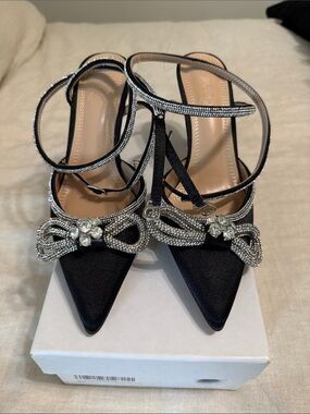 Black Satin Pointed Heels with Crystal Bow Accents